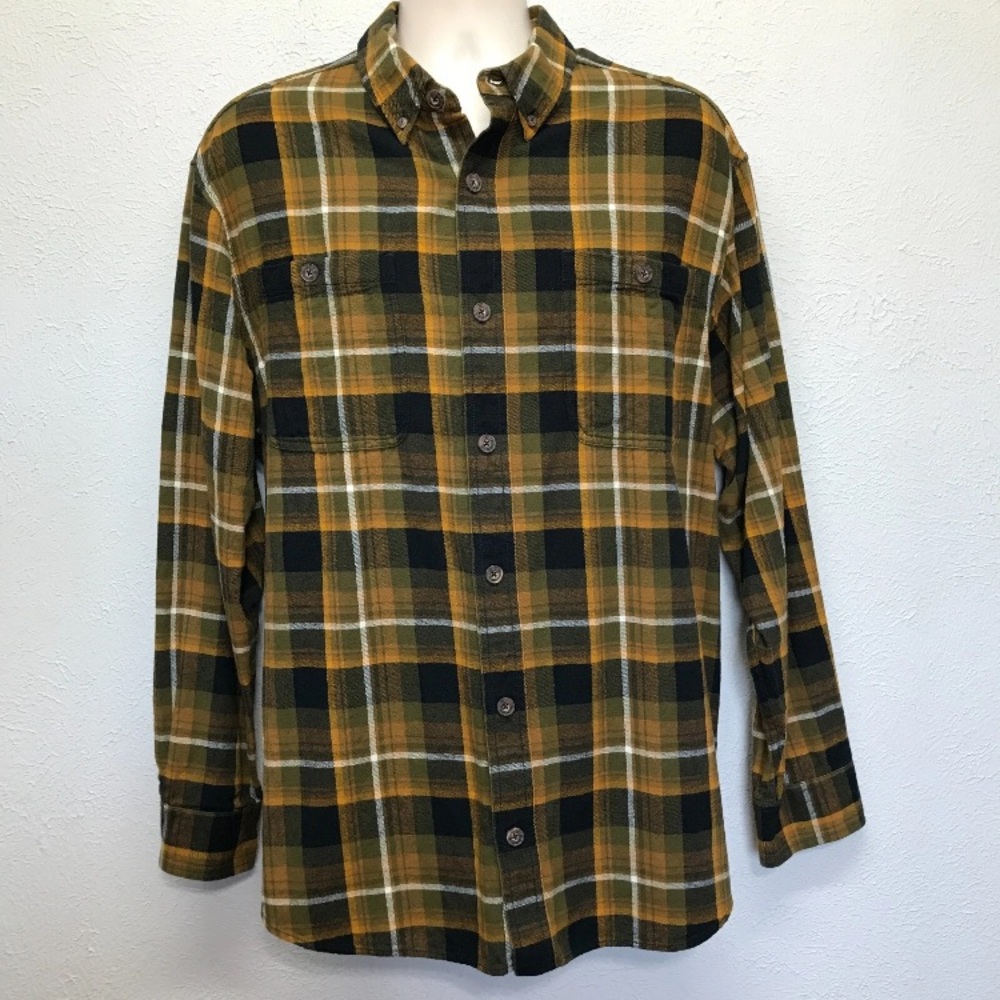 Duluth Trading Flannel Shirt Mens L Plaid Button Relaxed Fit Long Sleeve Pockets